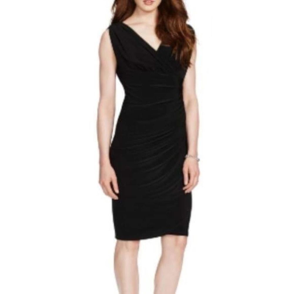 LRL Surplice Neck Sleeveless Sheath Dress Black 8